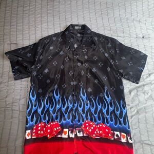 Ferugini Men’s Casino Graphic Button-Up Shirt – Size L – Dice, Cards & Flames
